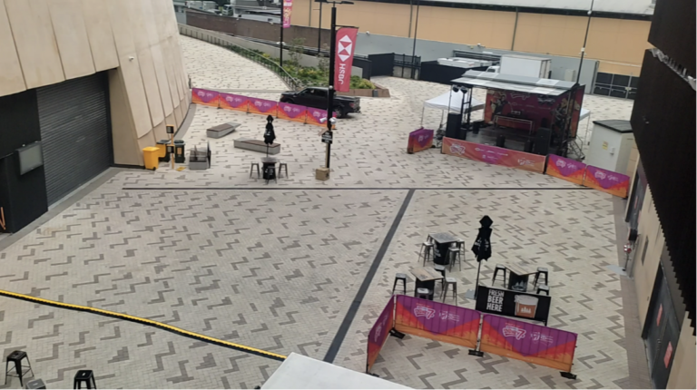 Fan Fest Area - Not all about what’s happening on the Pitch, Organisers used OnePlan to plan Fan fest Main Stage for DJ, performers, Speakers, Crowd Control barriers with barrier Jackets, Rubbish Bins, Furniture, Front of House